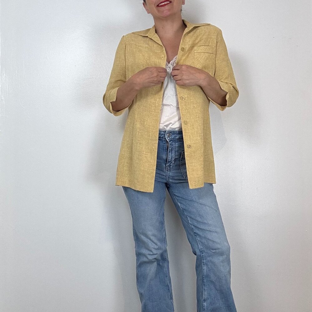 Vintage LANA LEE PETITE Mid Length Sleeve Yellow Blazer - Size M - Picture 11 of 12